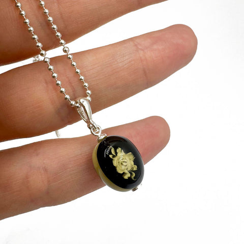 Engraved Cherry Amber Oval Pendant & Chain Necklace Sterling Silver