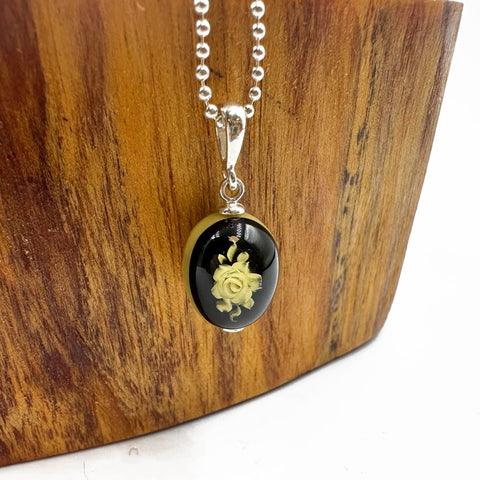 Engraved Cherry Amber Oval Pendant & Chain Necklace Sterling Silver
