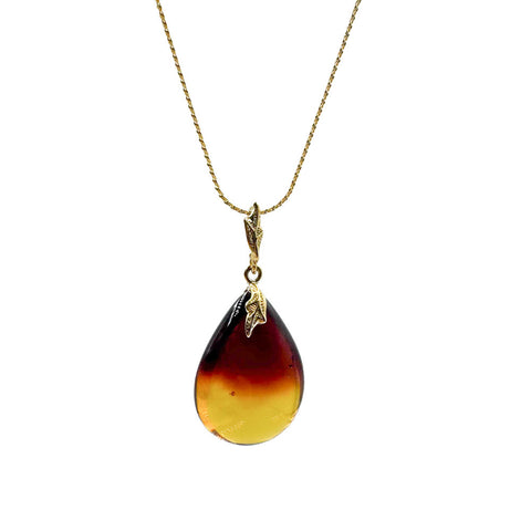 Rainbow Amber Drop Pendant & Chain Necklace 14K Gold Plated
