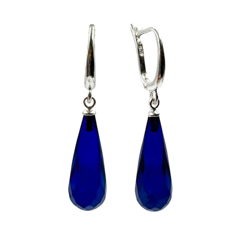 Blue Amber Faceted Teardrop Dangle Earrings Sterling Silver