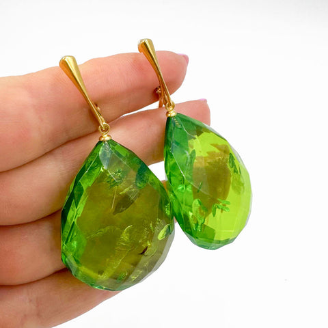 Green Amber Faceted Drop Dangle Earrings 14k Gold Plated