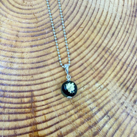 Engraved Cherry Amber Round Pendant & Chain Necklace Sterling Silver