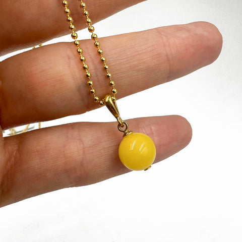 Milky Amber Round Bead Pendant & Chain Necklace 14k Gold Plated