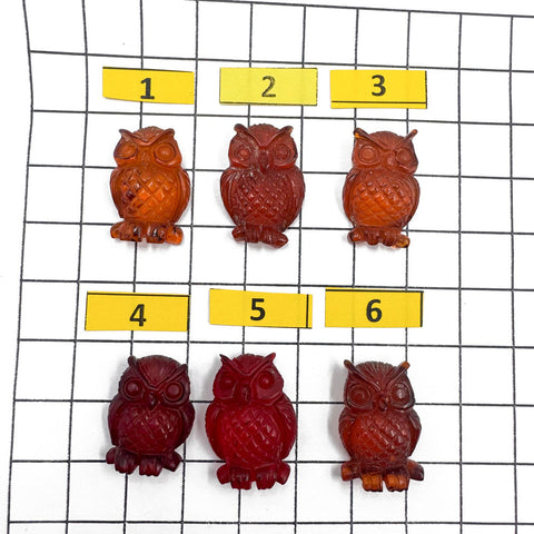 Cognac & Red Amber Handmade Carved Owl Cabochons