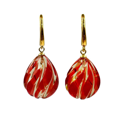 Red Amber Carved Drop Dangle Earrings 14K Gold Plated