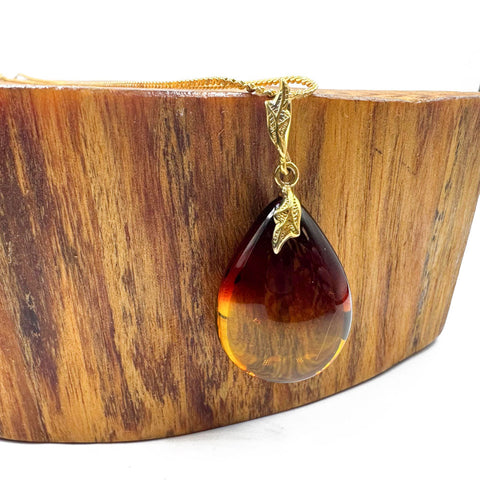 Rainbow Amber Drop Pendant & Chain Necklace 14K Gold Plated