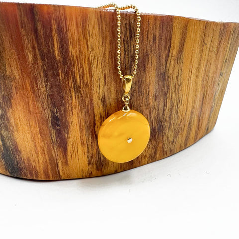 Milky Amber Charm Bead Pendant & Chain Necklace 14k Gold Plated