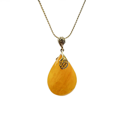 Milky Amber  Drop Pendant & Chain Necklace 14K Gold Plated