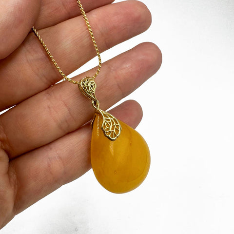Milky Amber  Drop Pendant & Chain Necklace 14K Gold Plated