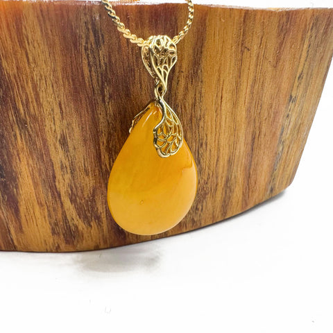 Milky Amber  Drop Pendant & Chain Necklace 14K Gold Plated