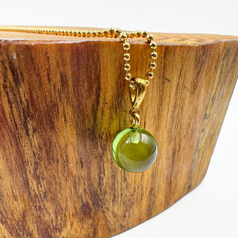 Green Amber Round Bead Necklace 14K Gold Plated