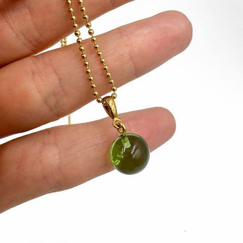 Green Amber Round Bead Necklace 14K Gold Plated