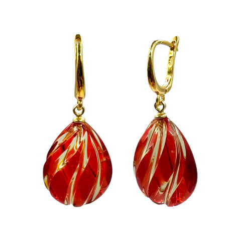 Red Amber Carved Drop Dangle Earrings 14K Gold Plated