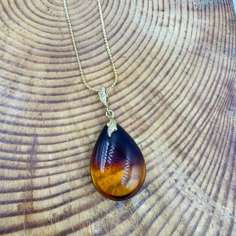Rainbow Amber Drop Pendant & Chain Necklace 14K Gold Plated