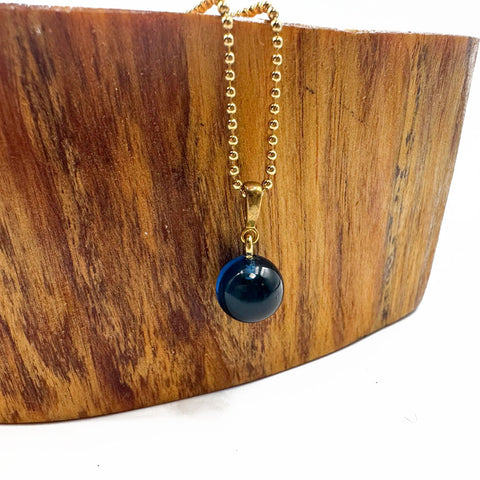 Blue Amber Round Pendant Chain Necklace 14k Gold Plated