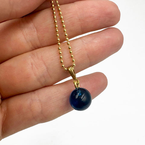 Blue Amber Round Pendant Chain Necklace 14k Gold Plated
