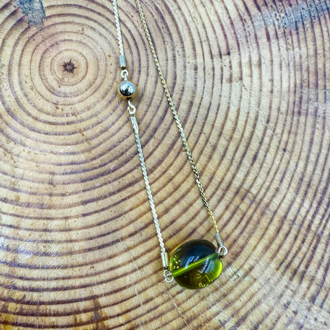 Green Olive shape Bead Chain Necklace 14K Gold Plated