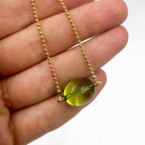 Green Amber Olive Beads Chain Necklace 14K Gold Plated