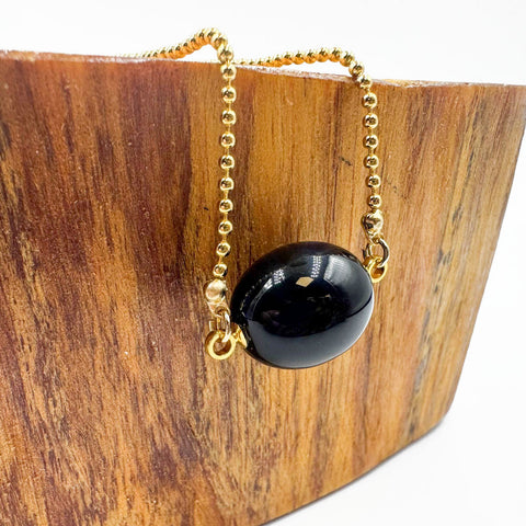 Blue Amber Olive Bead Pendant & Chain Necklace 14K Gold Plated