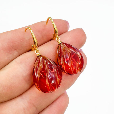 Red Amber Carved Drop Dangle Earrings 14K Gold Plated
