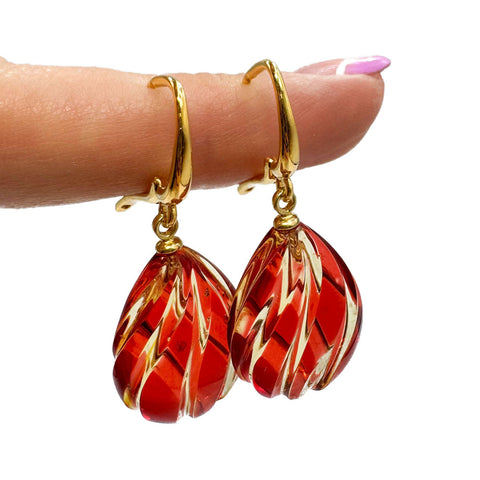 Red Amber Carved Drop Dangle Earrings 14K Gold Plated