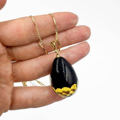 Two Tone Amber Faceted Drop Pendant & Chain Necklace 14K Gold Plated