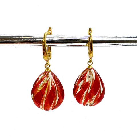 Red Amber Carved Drop Dangle Earrings 14K Gold Plated