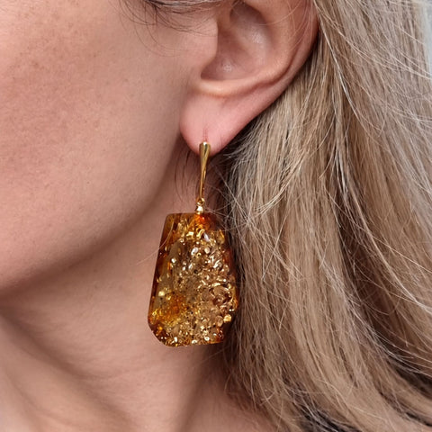 Fossil Amber Crystal Dangle Earrings Sterling Silver