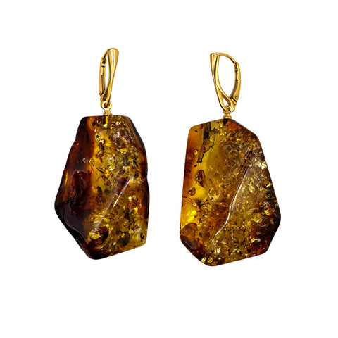 Fossil Amber Crystal Dangle Earrings Sterling Silver