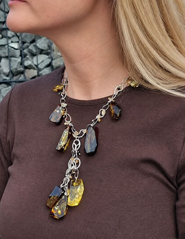 Two Tone Amber Nugget Beads Necklace Stainless Steel