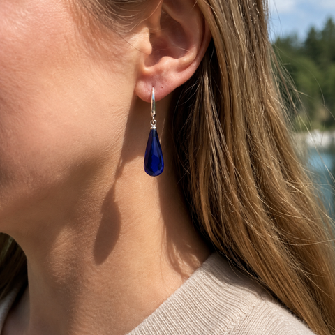 Blue Amber Faceted Teardrop Dangle Earrings Sterling Silver