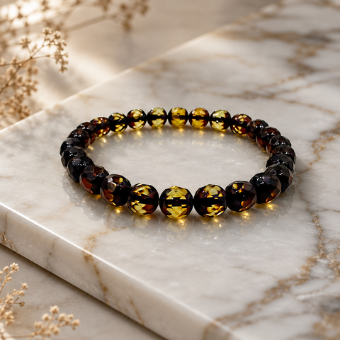 SPARKLING ELEGANCE Two-Tones Amber Faceted Round Beads Stretch Bracelet