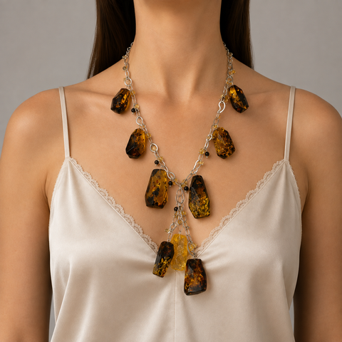 Two Tone Amber Nugget Beads Necklace Stainless Steel