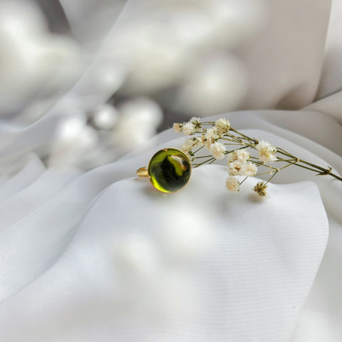 Green Amber Round Adjustable Ring 14K Gold Plated