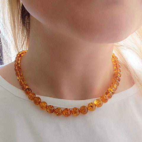 Cognac Amber Round Beads Necklace Sterling Silver