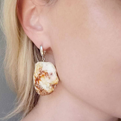 Milky Amber Slab Dangle Earrings Sterling Silver