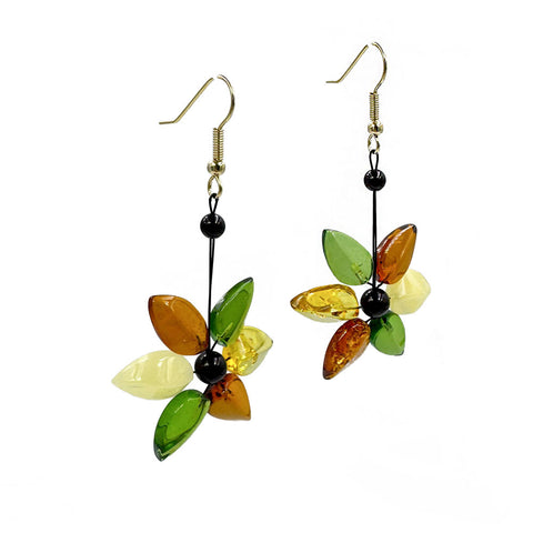Night Magic Multi-Color Amber Leaves Dangle Earrings 14k Gold Plated