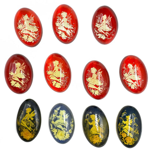 Red & Blue Amber Engraved Fairies Oval Shape Cabochons