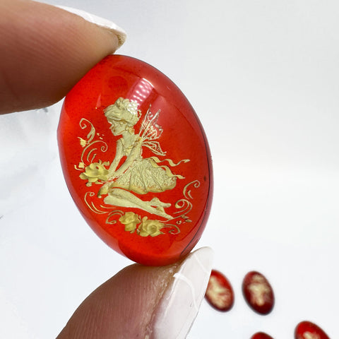 Red & Blue Amber Engraved Fairies Oval Shape Cabochons
