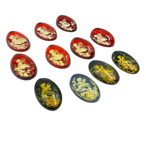 Red & Blue Amber Engraved Fairies Oval Shape Cabochons