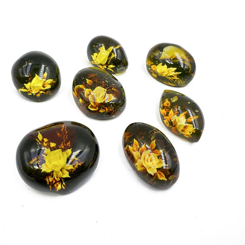 Cherry Amber Engraved Roses Oval Shape Cabochons