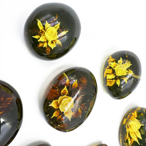 Cherry Amber Engraved Roses Oval Shape Cabochons