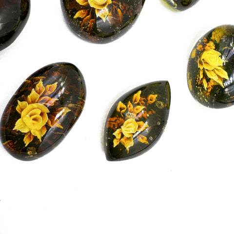 Cherry Amber Engraved Roses Oval Shape Cabochons