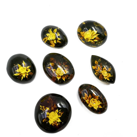 Cherry Amber Engraved Roses Oval Shape Cabochons