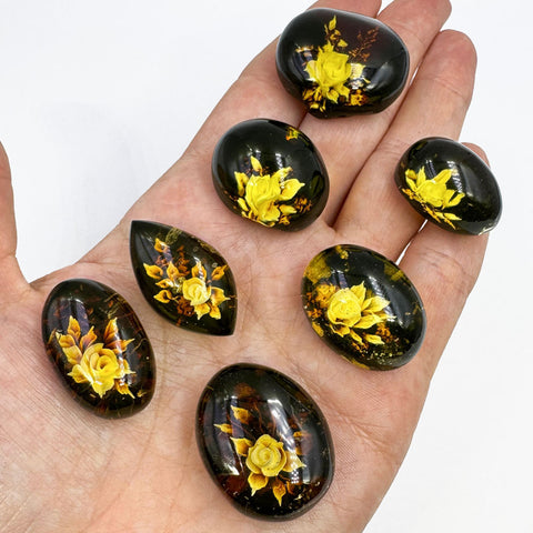 Cherry Amber Engraved Roses Oval Shape Cabochons