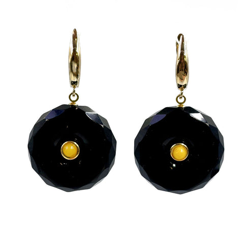 Black Amber Tablet Dangle Earrings 14K Gold Plated