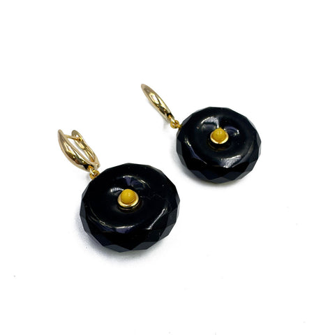 Black Amber Tablet Dangle Earrings 14K Gold Plated
