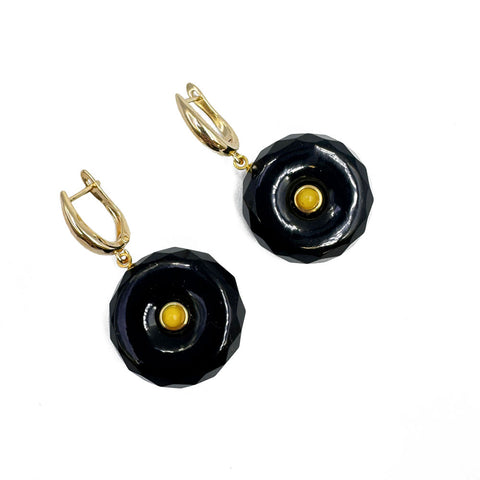 Black Amber Tablet Dangle Earrings 14K Gold Plated