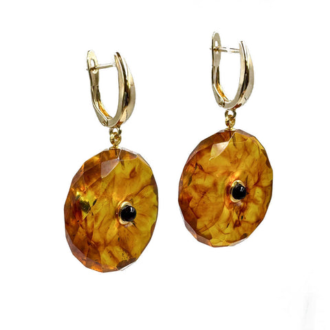 Light Cognac Amber Tablet Dangle Earrings 14K Gold Plated