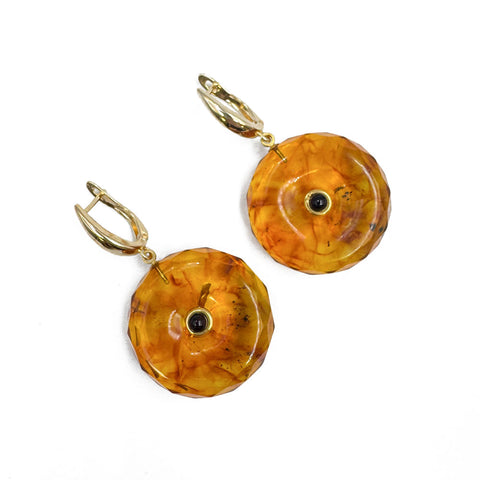 Light Cognac Amber Tablet Dangle Earrings 14K Gold Plated